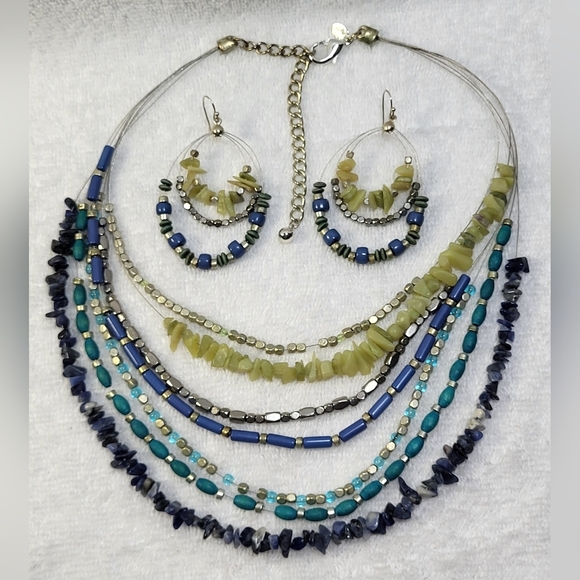 CHICO'S Blue and Green Beaded Wire Necklace and Dangle Earrings Set / Pierced - Picture 3 of 5
